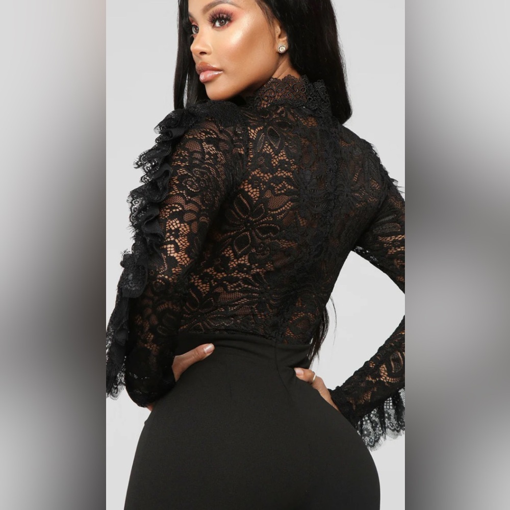 Fashion Nova Black Lace Feather Sleeve High-Waist Jumpsuit - Picture 2 of 5
